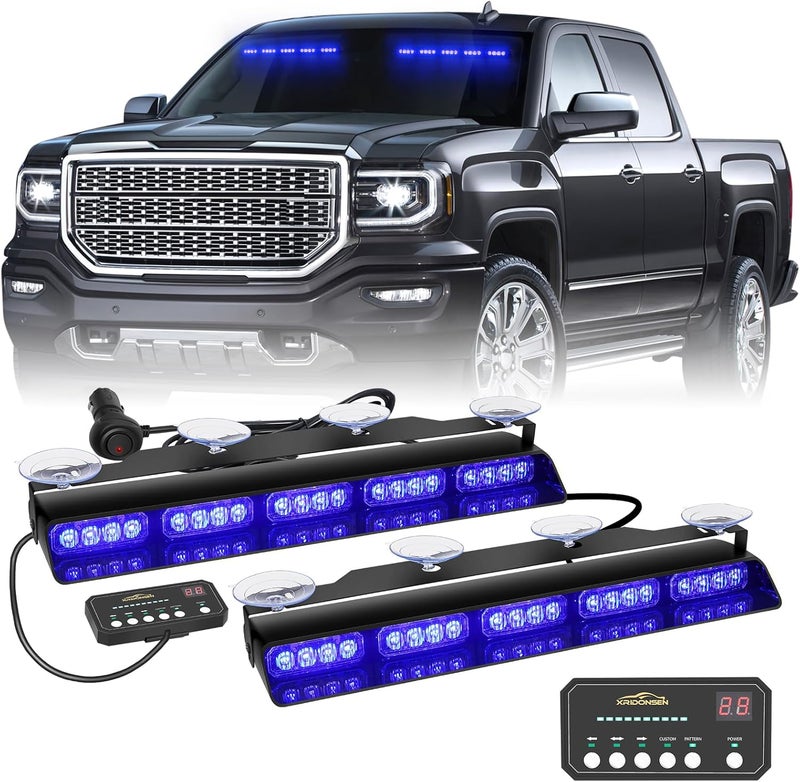 XRIDONSEN 2x 17 inch Blue Emergency Lights Bar 40 LED Dash Strobe Lights Interior Front/Rear Windshield Lights Safety Flashing Warning Hazard Light for Ambulance Firefighter Police Vehicles Trucks Car - Image 1
